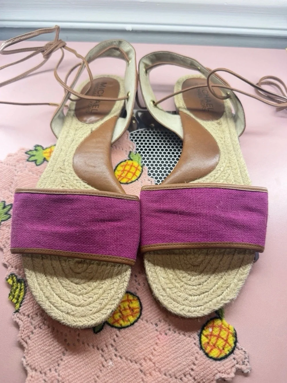 Michael Kors Fuchsia Canvas Espadrille Sandals with Tan Trim